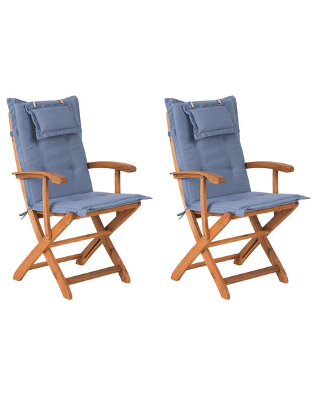 Set of 2 Garden Dining Chairs Light Wood with Blue Cushion Acacia Wood Frame Folding Rustic Design Beliani