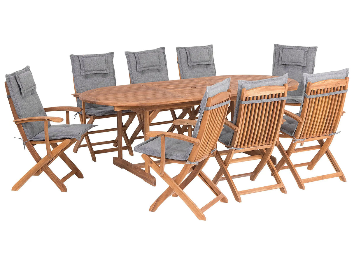 Outdoor Dining Set Light Acacia Wood with Grey Cushions 8 Seater Table Folding Chairs Rustic Design Beliani