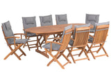 Outdoor Dining Set Light Acacia Wood with Grey Cushions 8 Seater Table Folding Chairs Rustic Design Beliani