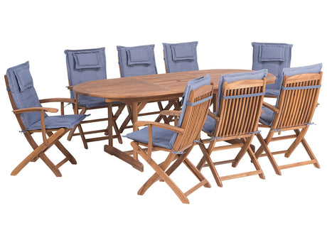 Outdoor Dining Set Light Acacia Wood with Blue Cushions 8 Seater Table Folding Chairs Rustic Design Beliani