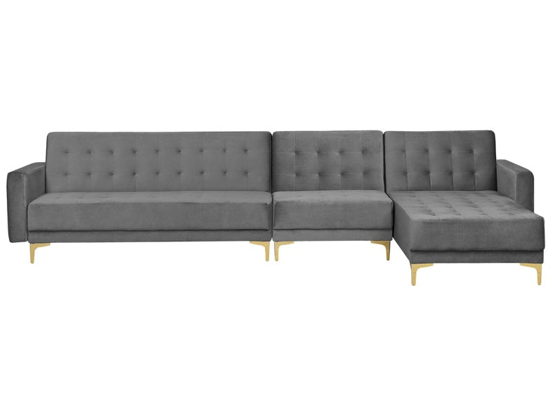 Corner Sofa Bed Grey Velvet Tufted Fabric Modern L-Shaped Modular 5 Seater Left Hand Chaise Longue Beliani