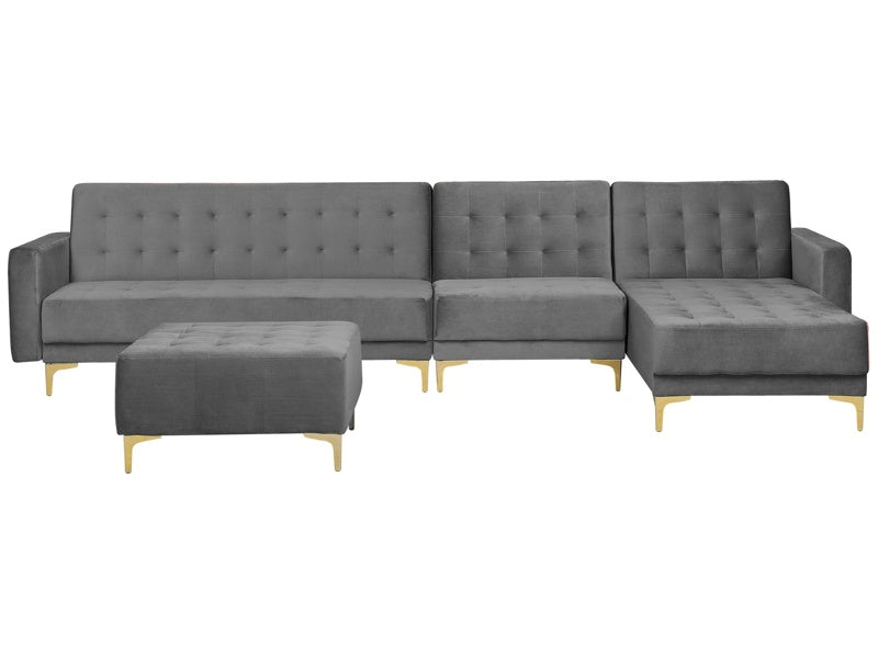 Corner Sofa Bed Grey Velvet Tufted Fabric Modern L-Shaped Modular 5 Seater with Ottoman Left Hand Chaise Longue Beliani