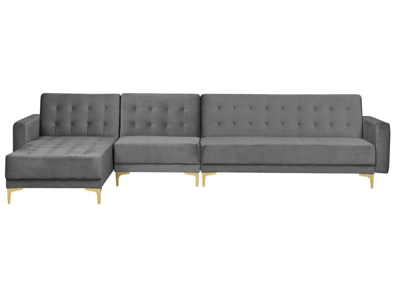 Corner Sofa Bed Grey Velvet Tufted Fabric Modern L-Shaped Modular 5 Seater Right Hand Chaise Longue Beliani