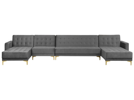 Corner Sofa Bed Grey Velvet Tufted Fabric Modern U-Shaped Modular 6 Seater with Chaise Lounges Beliani