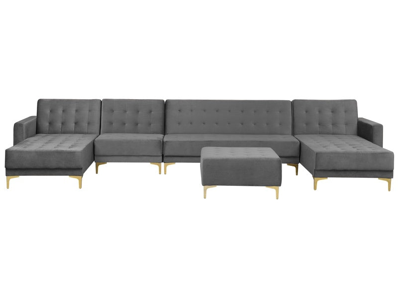 Corner Sofa Bed Grey Velvet Tufted Fabric Modern U-Shaped Modular 6 Seater with Ottoman Chaise Lounges Beliani