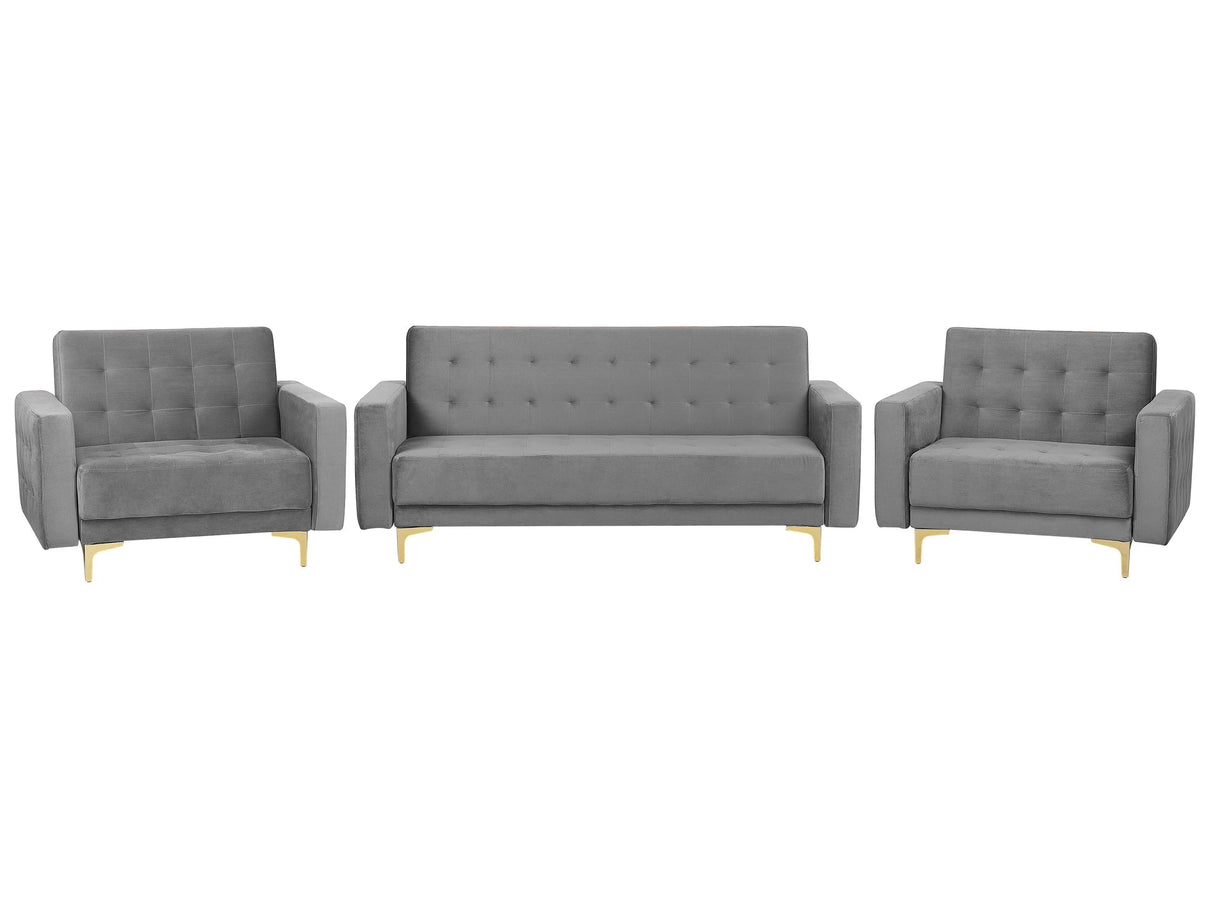 Living Room Set Grey Velvet Tufted Fabric 3 Seater Sofa Bed 2 Reclining Armchairs Modern 3-Piece Suite Beliani