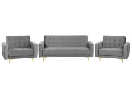 Living Room Set Grey Velvet Tufted Fabric 3 Seater Sofa Bed 2 Reclining Armchairs Modern 3-Piece Suite Beliani