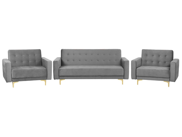 Living Room Set Grey Velvet Tufted Fabric 3 Seater Sofa Bed 2 Reclining Armchairs Modern 3-Piece Suite Beliani