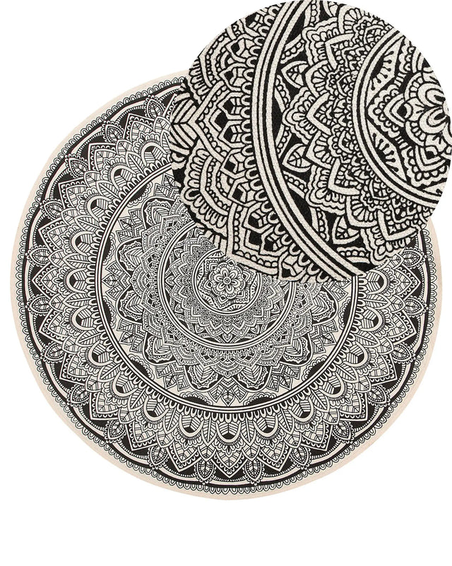 Area Rug Black Cotton Round Oriental Living Room  120 cm Beliani