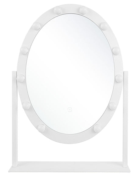 Standing Vanity Mirror with LED White 50 x 60 cm Oval Hollywood Illuminated Bulbs Dressing Table Beliani