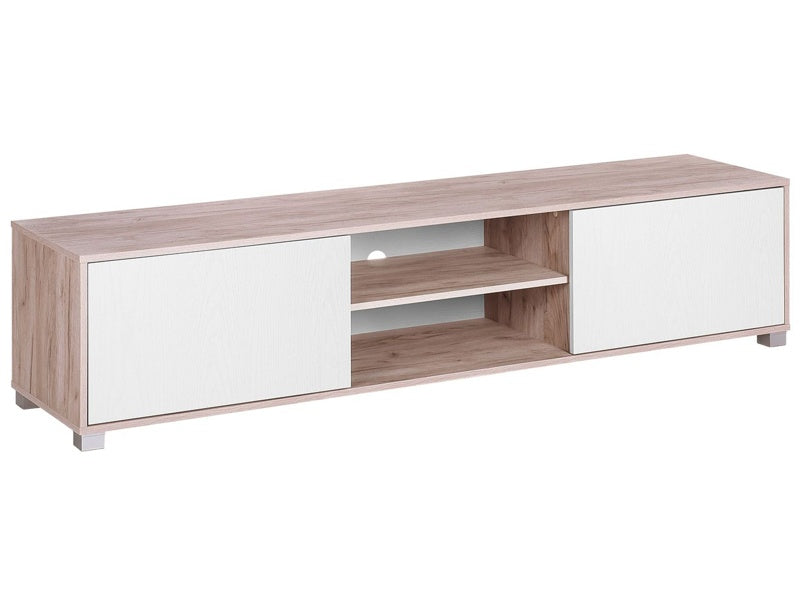 TV Stand Light Wood White Up To 81ʺ TV Recommended Cable Management 2 Shelves 2 Cabinets Minimalist Beliani