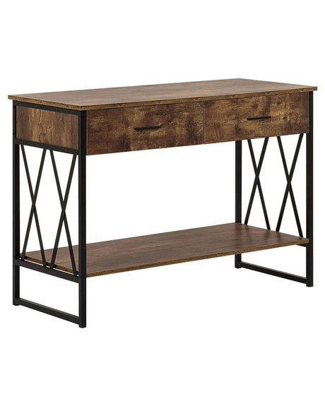 Console Table Sideboard 2 Drawer Shelf Dark Wood Top Black Metal Frame 107 x 46 cm Industrial Style Particle Board Top Living Room Beliani