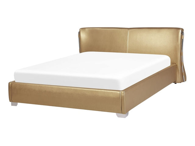 Waterbed Gold Leather Upholstered EU Double Size Modern Glamorous Design Curved Headrest Beliani