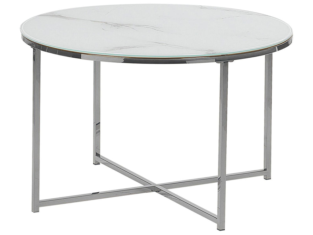 Coffee Table Round Marble Effect White Silver Base  70 cm Glam Modern Minimalist Beliani