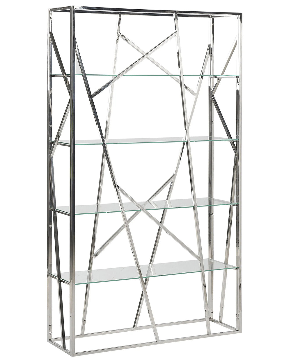 Bookcase Silver 4 Tempered Glass Tires Stainless Steel Frame 175 x 100 cm Glam Decorative Beliani