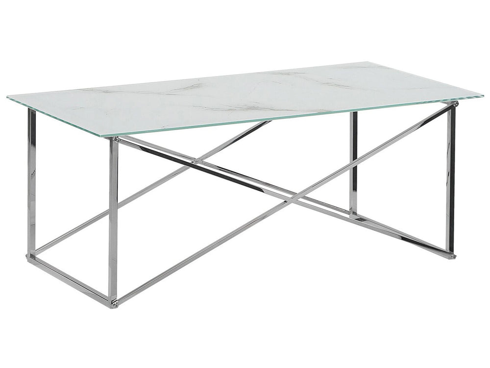 Rectangular Coffee Table Marble Effect White Top Silver Legs Tempered Glass Top Stainless Steel Base 100 x 50 cm Glam Minimalist Beliani