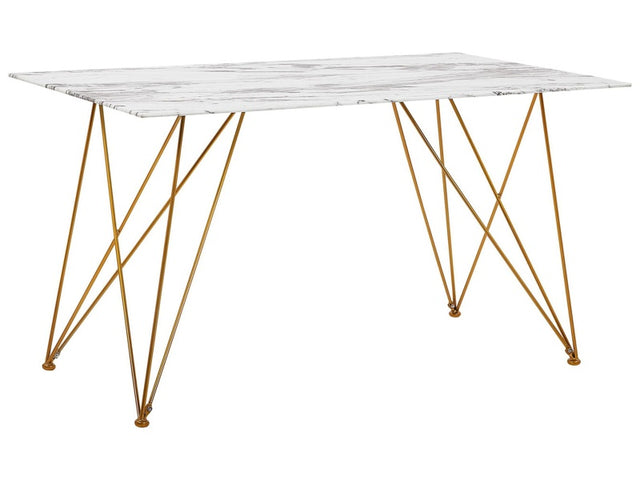 Dining Table Marble Effect White with Gold Tempered Glass Top Metal Legs 140 x 80 cm Glam Living Room Beliani