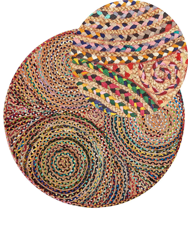 Modern Hippie Area Rug Multicoloured Pink Red Orange Blue Round 140 cm Cotton Braided Bedroom Living Room Beliani