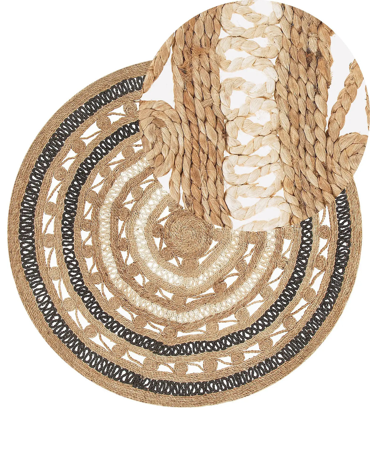 Area Rug 140 cm Beige with Black Braided Plaited Boho Rustic Farmhouse Bedroom Lounge Living Room Beliani