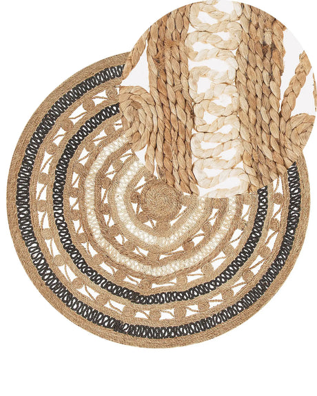 Area Rug 140 cm Beige with Black Braided Plaited Boho Rustic Farmhouse Bedroom Lounge Living Room Beliani