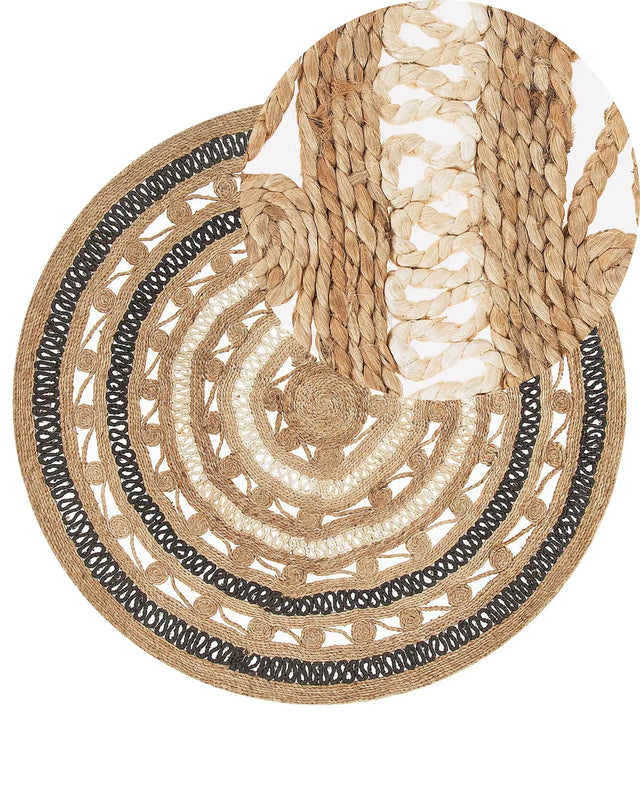 Area Rug 140 cm Beige with Black Braided Plaited Boho Rustic Farmhouse Bedroom Lounge Living Room Beliani