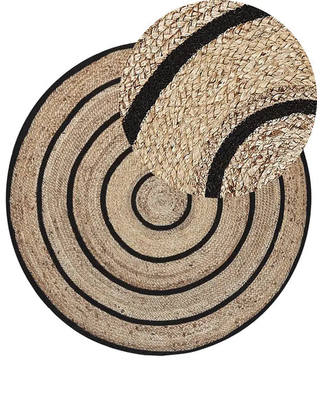 Area Rug Beige Black Round 140 cm Boho Rustic Spiral Braided Cotton Jute Beliani