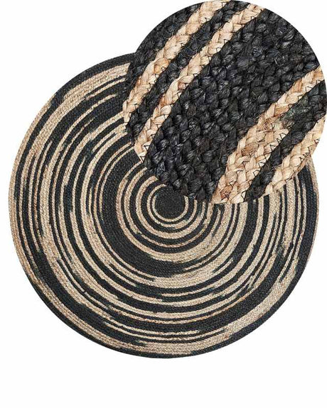 Area Rug Beige Black Round 140 cm Boho Rustic Spiral Braided Jute Living Room Bedroom Hallway Beliani