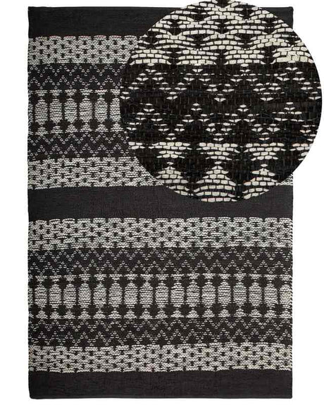 Area Rug Black with White Rectangle 140 x 200 cm Modern Contemporary Hand Loomed Handmade Leather Cotton Beliani