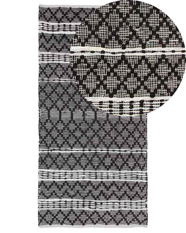 Area Rug Black with Beige 80 x 150 cm Modern Contemporary Hand Loomed Genuine Leather Cotton Chevron Pattern Beliani