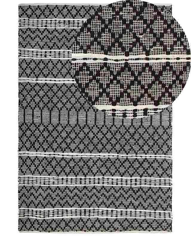 Area Rug Black with Beige 140 x 200 cm Modern Contemporary Hand Loomed Genuine Leather Cotton Chevron Pattern Beliani