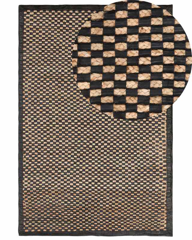 Area Rug Carpet Black and Beige Leather Jute Chequered 140 x 200 cm Rustic Boho Beliani