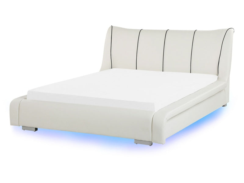 Waterbed White Leather EU Double Size 4ft6 Accessories Wave Reduction LED Lights Large Headboard Modern Beliani