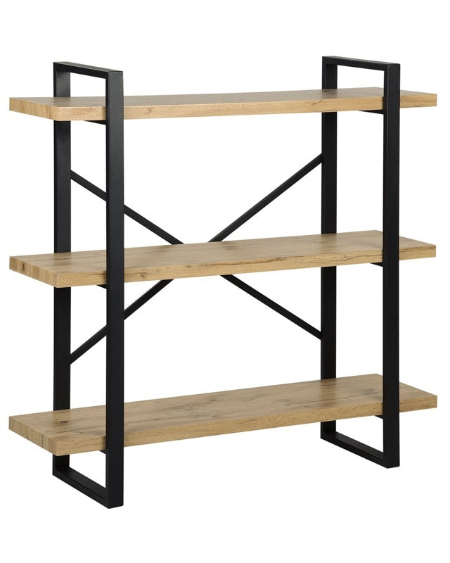 3 Tier Bookcase Light Wood with Black Metal Frame Open Shelves Industrial Cross-Back Home Storage Minimalist Freestanding Unit Beliani