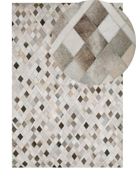 Area Rug Carpet Grey and Beige Leather Chequered 140 x 200 cm Rustic Modern Beliani