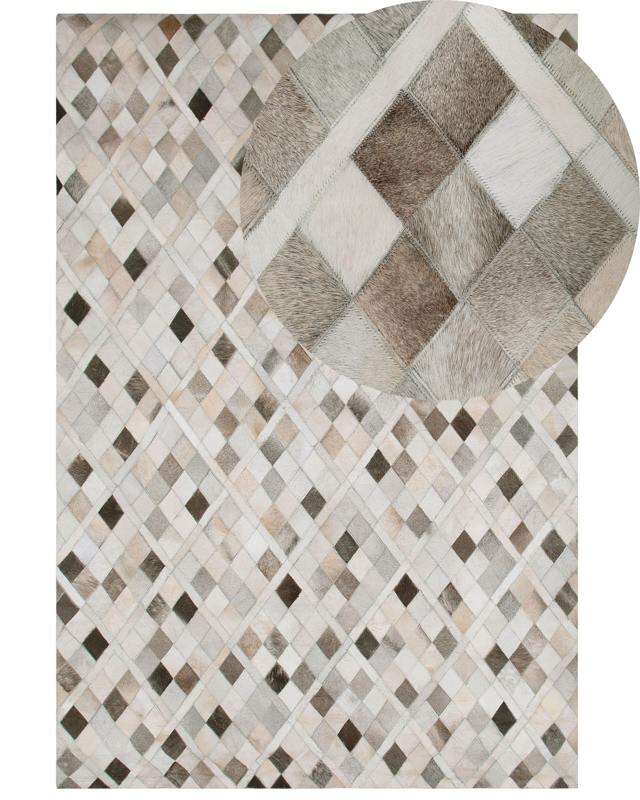 Area Rug Carpet Grey and Beige Leather Chequered 160 x 230 cm Rustic Modern Beliani