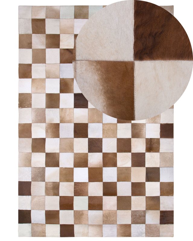 Area Rug Carpet Brown and Beige Leather Chequered 140 x 200 cm Rustic Country Beliani