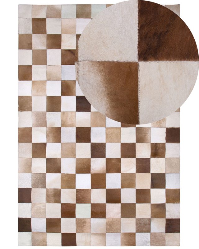 Area Rug Carpet Brown and Beige Leather Chequered 160 x 230 cm Rustic Country Beliani