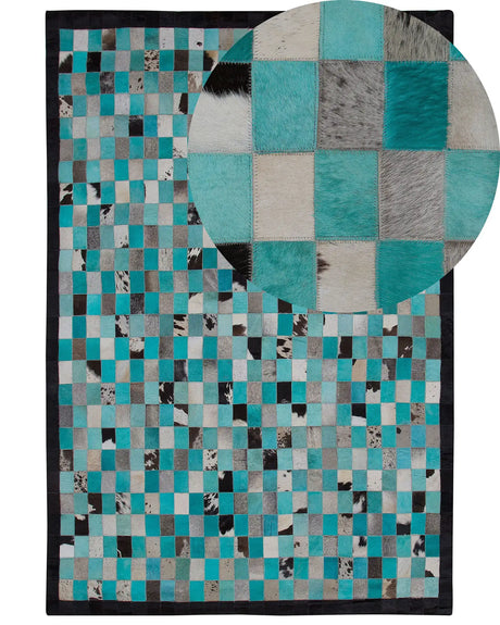 Area Rug Carpet Turquoise and Grey Leather Chequered 140 x 200 cm Modern Eclectic Beliani