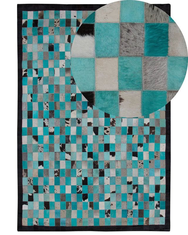 Area Rug Carpet Turquoise and Grey Leather Chequered 140 x 200 cm Modern Eclectic Beliani