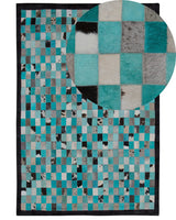 Area Rug Carpet Turquoise and Grey Leather Chequered 160 x 230 cm Modern Eclectic Beliani