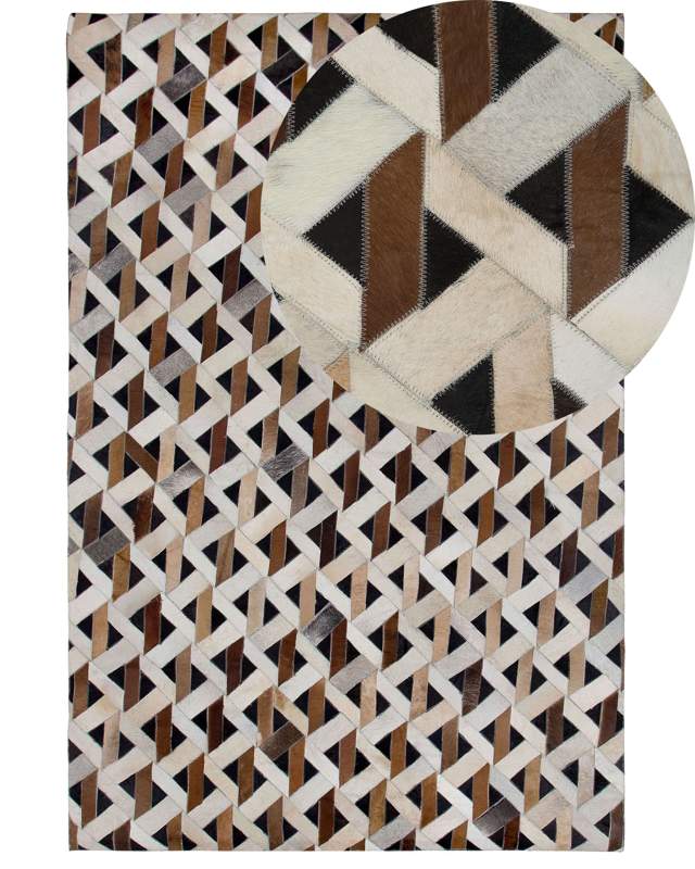 Area Rug Carpet Brown and Grey Leather Geometric Pattern 140 x 200 cm Rustic Boho Beliani