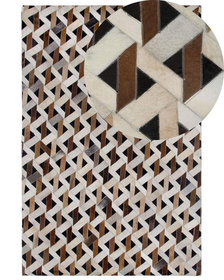 Area Rug Carpet Brown and Grey Leather Geometric Pattern 160 x 230 cm Rustic Boho Beliani