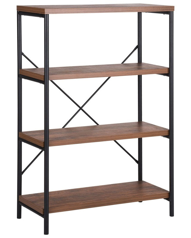 3 Tier Bookcase Dark Wood with Metal Frame Freestanding Open Shelves Industrial Cross-Back Home Beliani