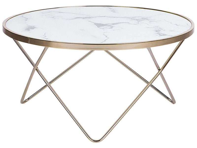 Coffee Table White Marble Effect Tempered Glass Top Gold Metal Hairpin Legs ø 80 cm Round Shape Beliani