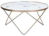 Coffee Table White Marble Effect Tempered Glass Top Gold Metal Hairpin Legs  80 cm Round Shape Beliani