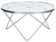 Coffee Table White Marble Effect Tempered Glass Top Silver Metal ø 80 cm Hairpin Legs Round Shape Beliani