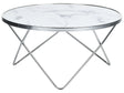Coffee Table White Marble Effect Tempered Glass Top Silver Metal  80 cm Hairpin Legs Round Shape Beliani