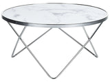 Coffee Table White Marble Effect Tempered Glass Top Silver Metal  80 cm Hairpin Legs Round Shape Beliani