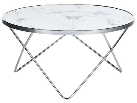Coffee Table White Marble Effect Tempered Glass Top Silver Metal  80 cm Hairpin Legs Round Shape Beliani
