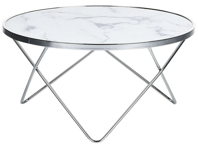 Coffee Table White Marble Effect Tempered Glass Top Silver Metal  80 cm Hairpin Legs Round Shape Beliani